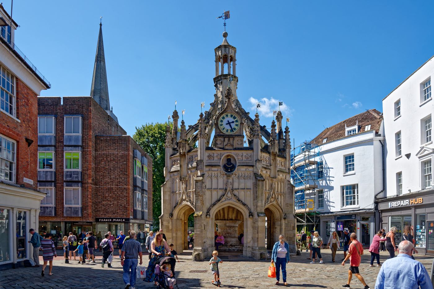 The Chichester Market Cross, the Perpendicular Grade I listed octagon at the centre of Chichester, a minute from 1 Chapel Street